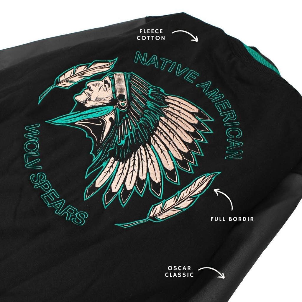 Wolv Varsity Jaket Leathee Native / Jaket Baseball Bahan Kulit Oscar