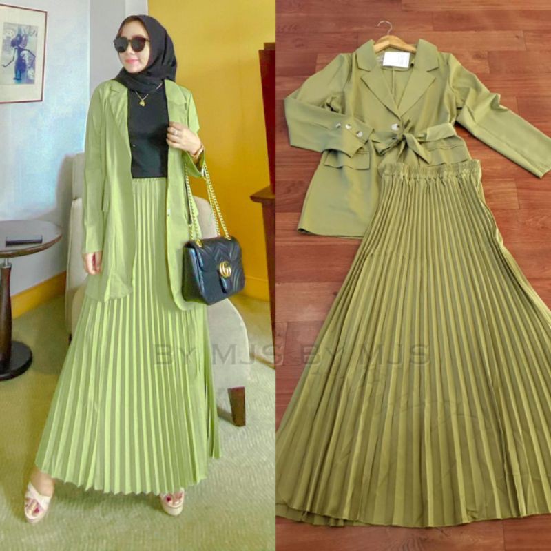Rok Plisket Set Blazer BabyGreen KAIRA