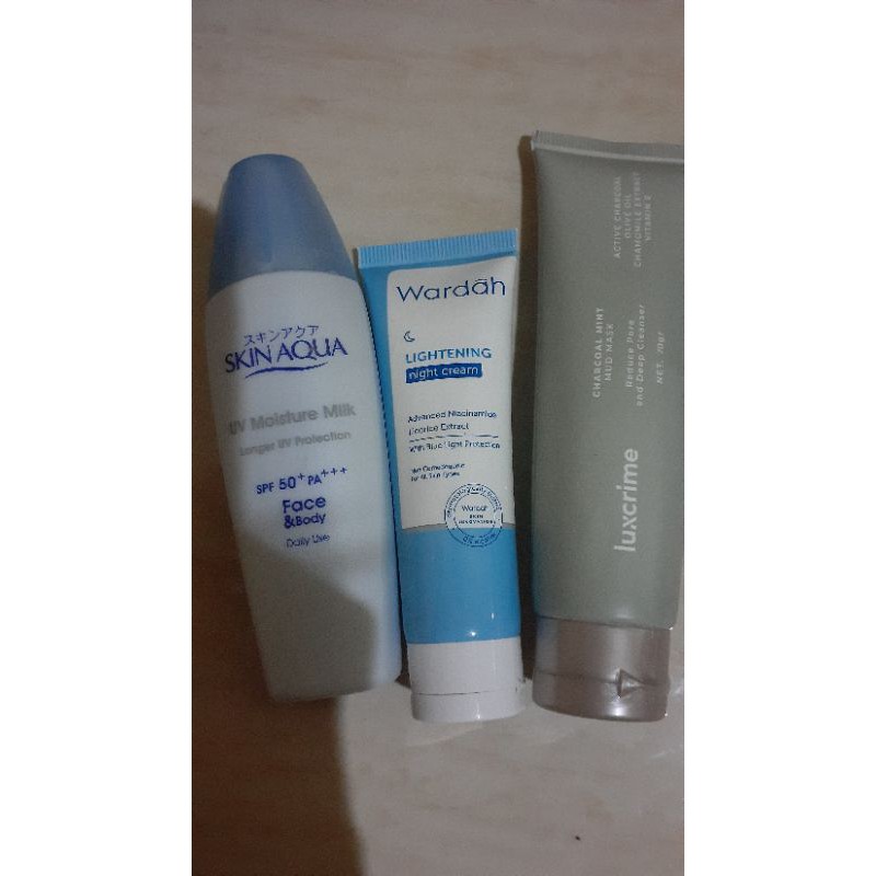 PRELOVED ESSENCE TONER PYUNGKANG, SKIN AQUA SPF 50, LUXCRIME MASK, WARDAH LIGHTENING NIGHT CREAM