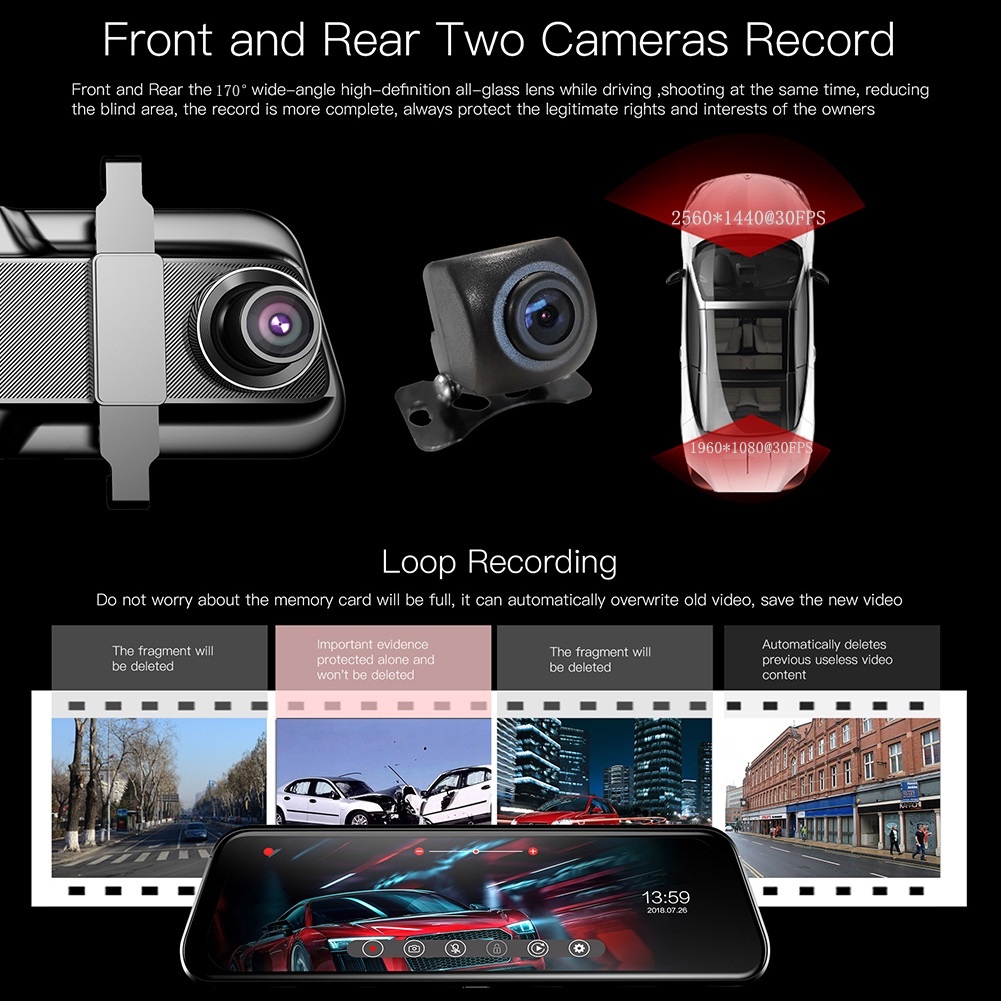 Max 128 GB Dash Cam DVR 10'' IPS Touch Screen kamera dasbor 1296P Dash cam Mobil Dual Lens Rearview Mirror 170°wide loop recording G-sensor