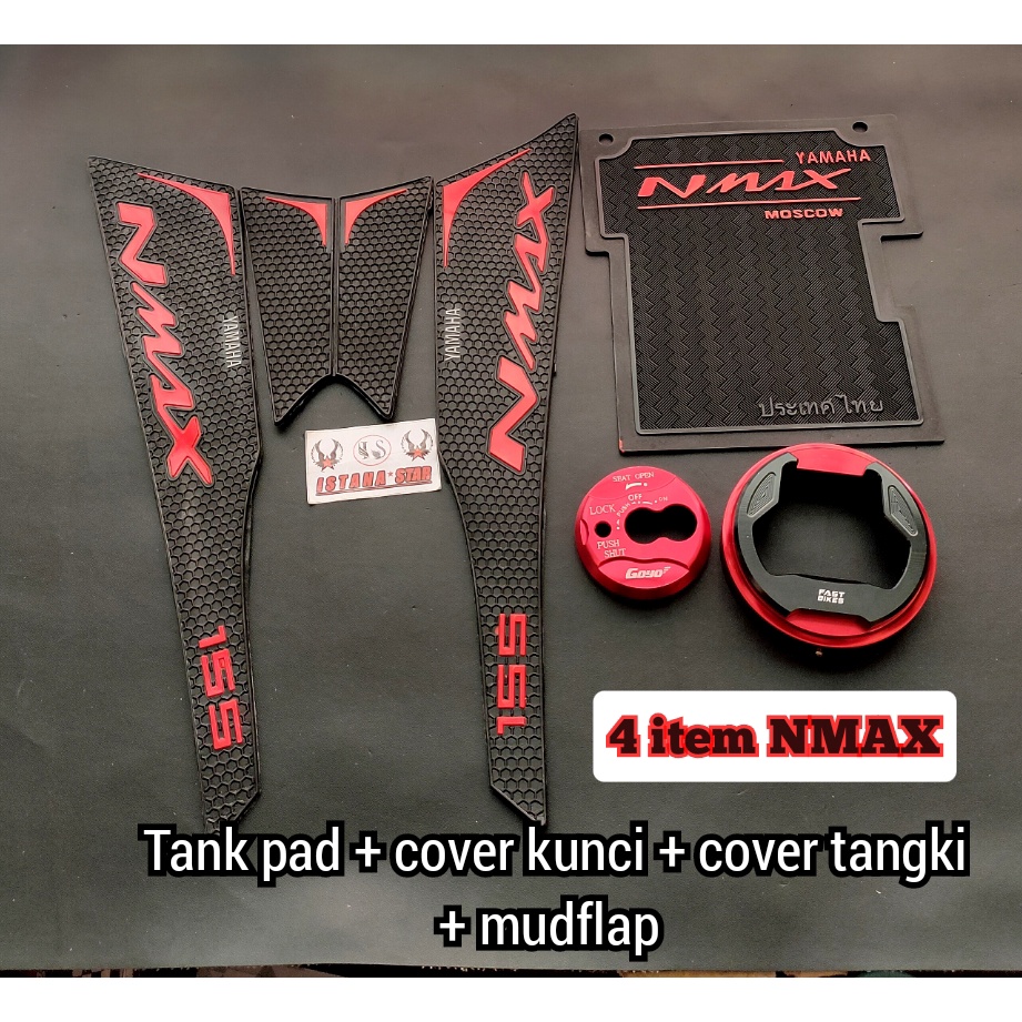 1 SET TANKPAD YAMAHA NMAX WARNA MERAH TULISAN MERAH TANK PAD YAMAHA NMAX 155+COVER KUNCI+COVER TANGKI+MUDFLAP