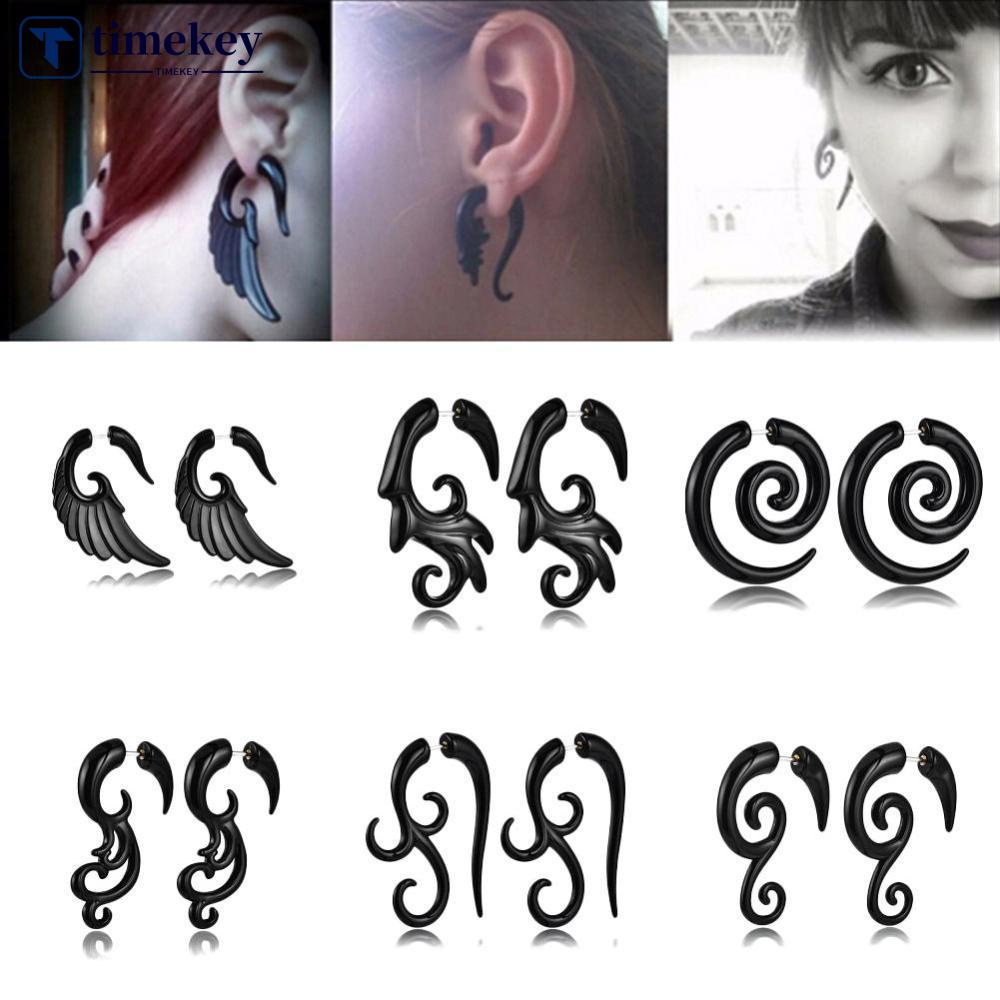 Timekey 1 Pasang Anting Tindikpiercing Lobang Ear Plug Bentuk Spiral Bahan Akrilik Hitam A4K5