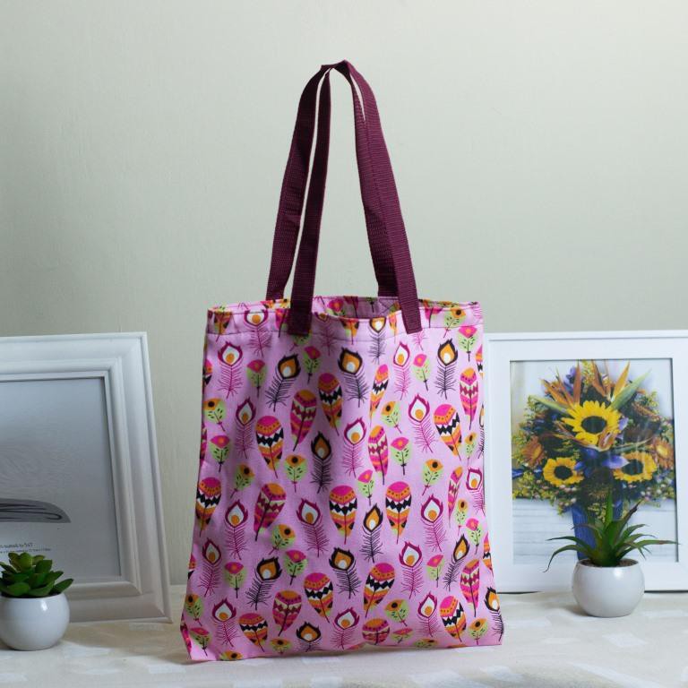 RIENS COLLECTIONS. TOTEBAG BAHAN KANVAS PREMIUM MOTIF BULU MERAK PINK