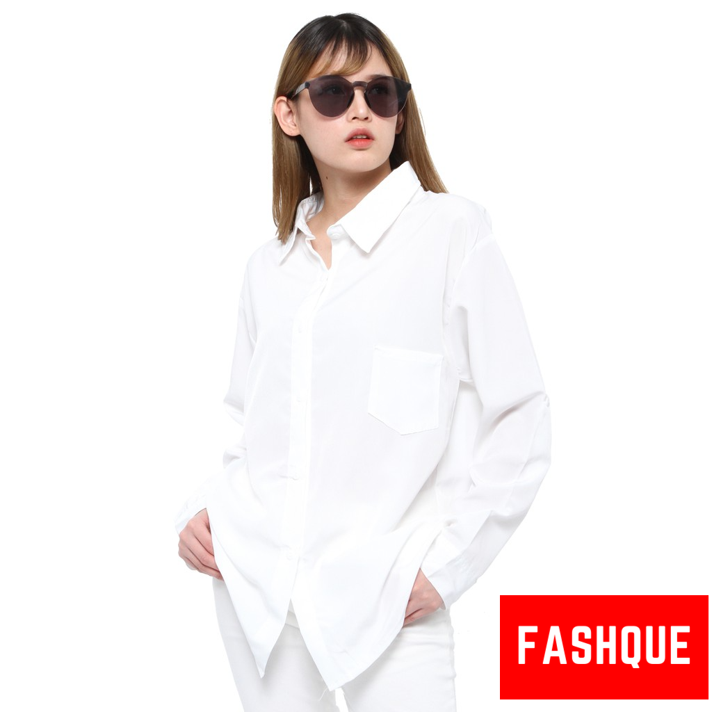 Kemeja Wanita Jumbo Lengan Panjang Polos Casual Oversize Terbaru Murah Kekinian - 0064-PUTIH