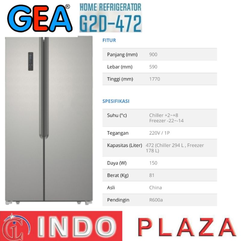 KULKAS SISE BY SIDE GEA G2D-472 INOX SILVER &amp; BLACK GLASS