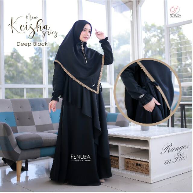 New Keisha Dress Deep Black Fenuza Moslem Wear - Gamis Syari Branded Frozen Crepe Hitam Polos Adem