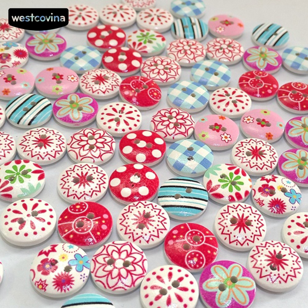Westcovina 100pcs Kancing Kayu Motif Kotak Kotak Bunga Westcovina 100pcs Kancing Kayu Motif Kotak Kotak Bunga