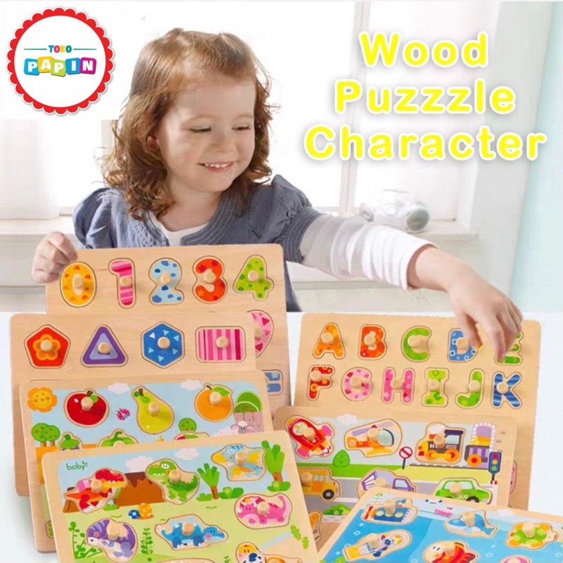 TokoPapin Puzzle Kayu Knob Mainan Edukasi Puzzle Kayu Angka Alphabet Alfabet Bentuk Bahan Halus Aman Untuk Anak Bayi