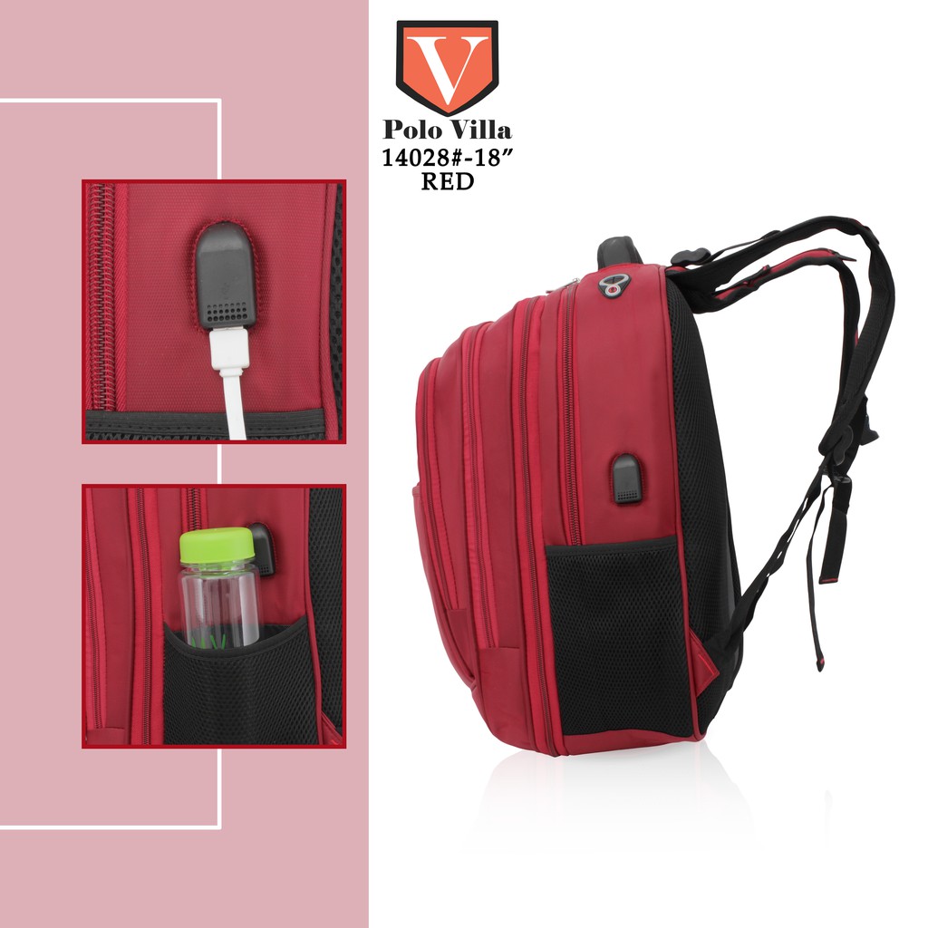(TSI) Tas Design Polo Villa 14028 Tas Punggung Pria Gratis Rain Cover n Kabel USB Tas Sekolah