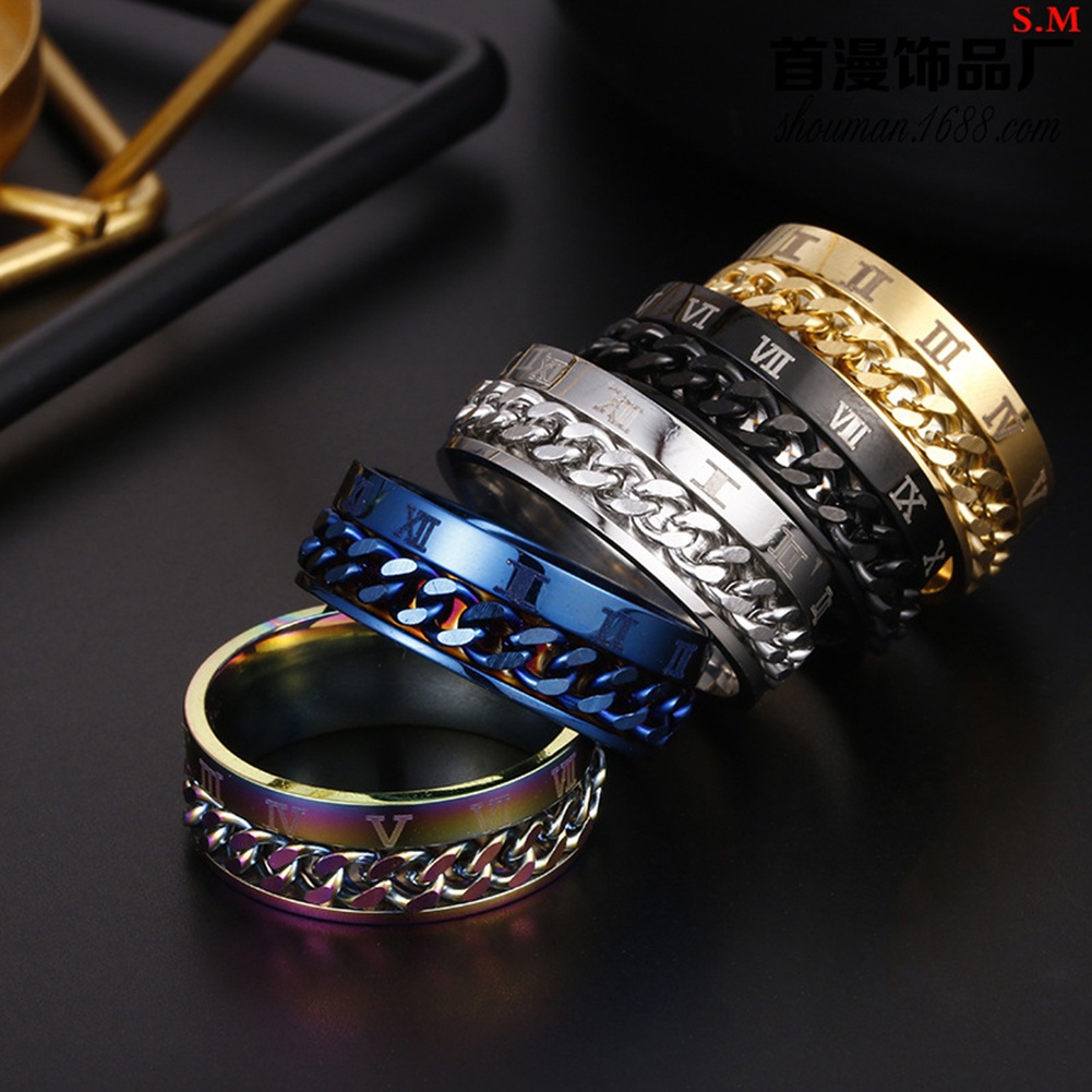 Huluboy Cincin Titanium Steel Model Rantai Twist Angka Romawi Untuk Unisex / Pria / Wanita