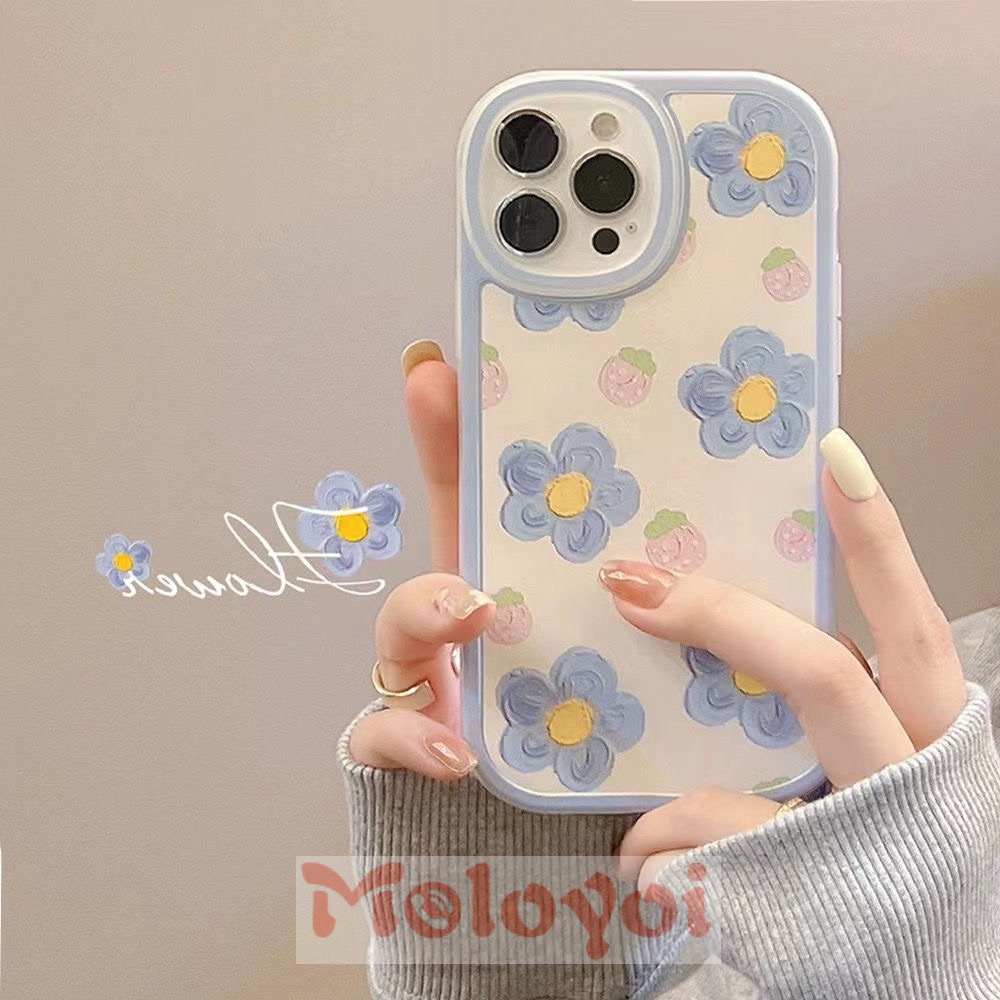 Oil Painting Blue Flowers Pink Strawberry Phone Case Compatible for IPhone 7 8 6 6s Plus 11 12 13 Pro Max X XR XS Max SE 2020 Shockproof Soft Back Cover