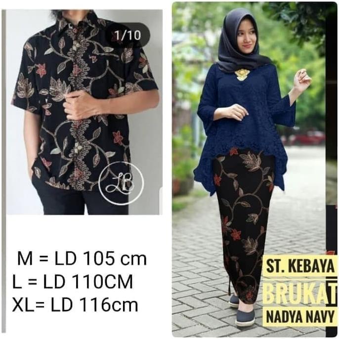 couple kebaya modern brukat bianca & kemeja batik pria / biru dongker