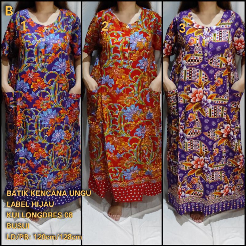 COD LD 04/08 BATIK KENCANA UNGU DASTER PANJANG DASTER LENGAN PENDEK BATIK KENCANA UNGU LEBEL BIRU LD