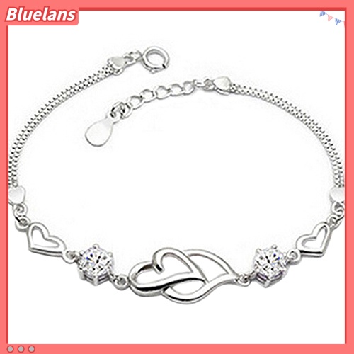 Bluelans Women 925 Sterling Silver Bracelet Rhinestone Love Heart Chain Bangle