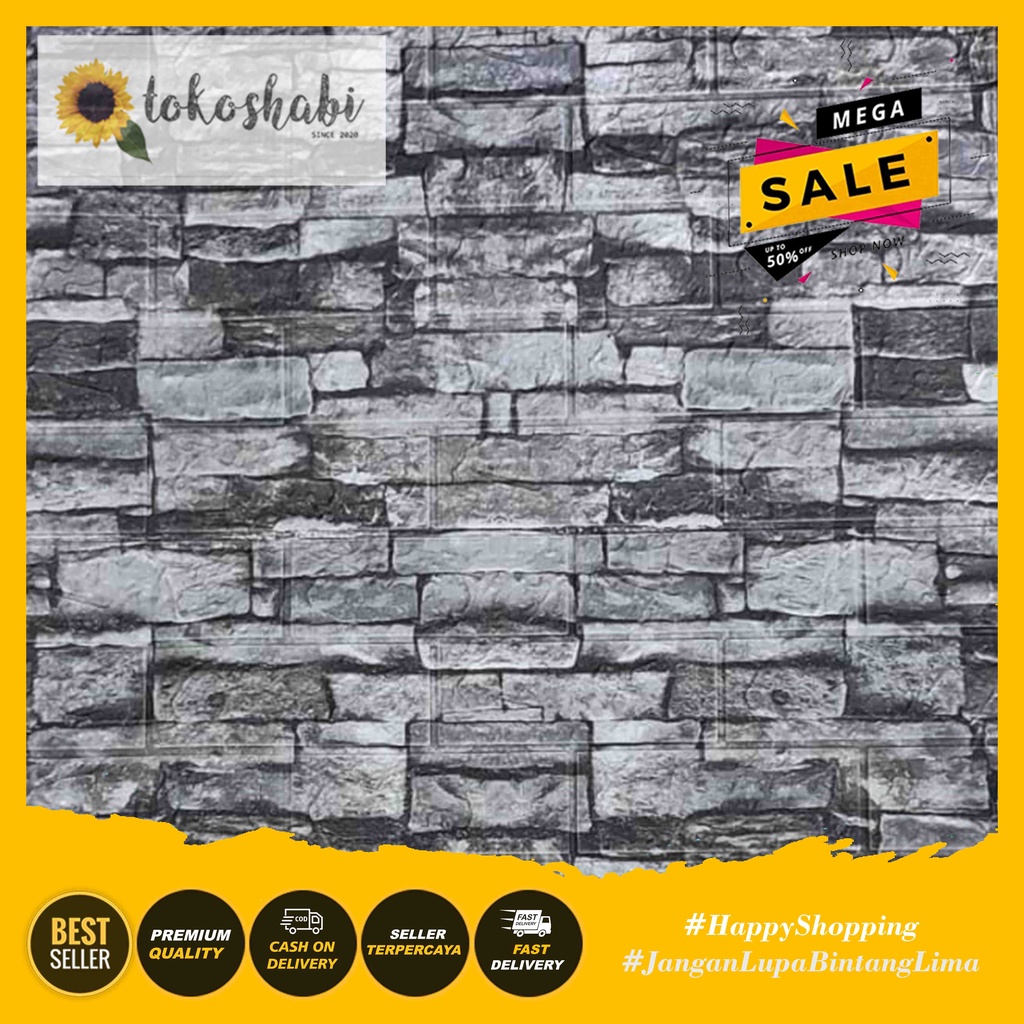 Wallfoam Sticker 3D Modern Foam Wallpaper Dinding Karakter Motif Batu Alam-Batu Alam Abu Muda