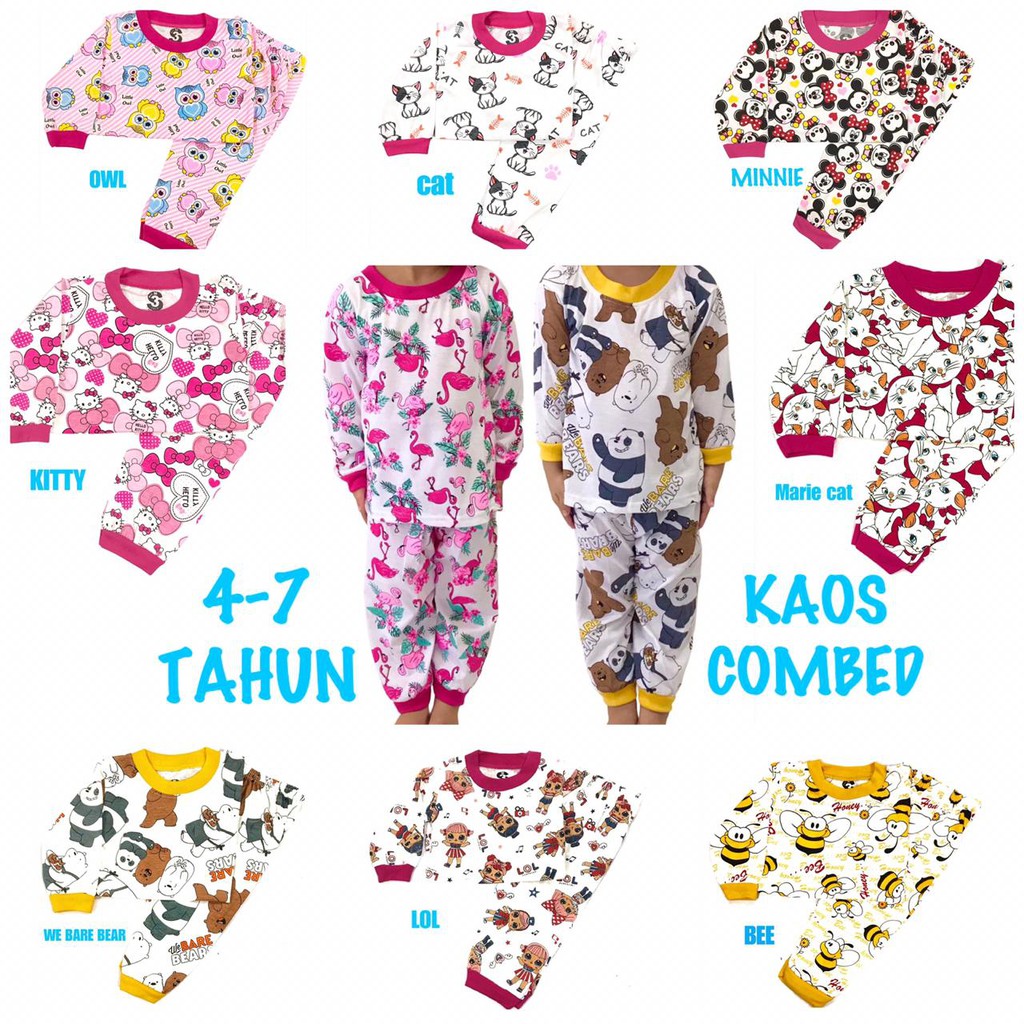 YEYA - BAJU TIDUR ANAK KIDS PEREMPUAN/CEWEK SETELAN/STELAN PP PUTIH KAOS KATUN COMBED 4-7 TAHUN