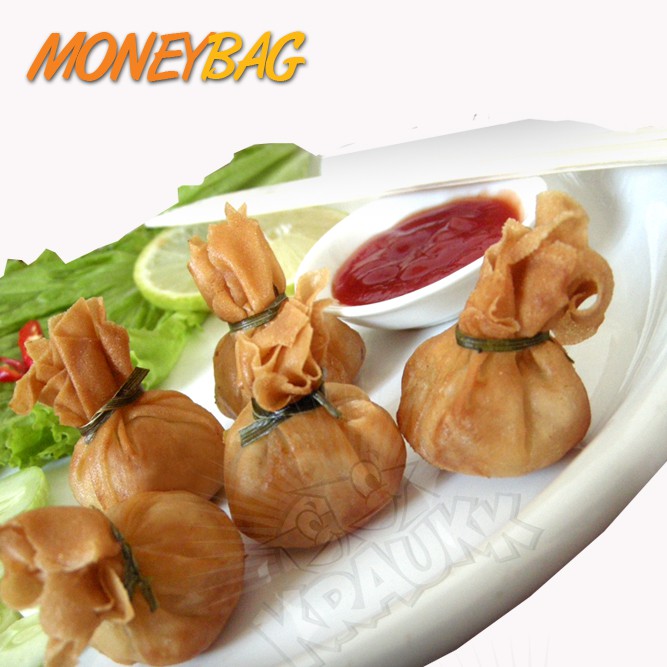 Money bag Kraukk Frozen food makanan beku seafood pangsit ikan non MSG halal murah enak