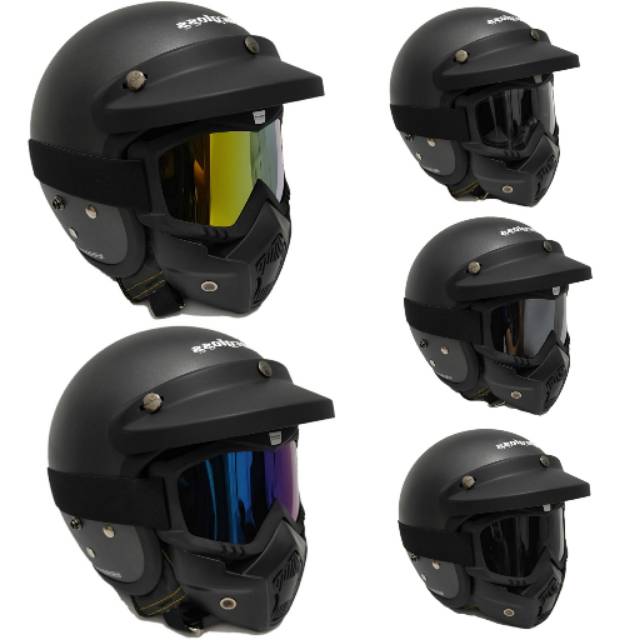 Helm Cargloss Retro Abu gunmet Doff Dengan Goggle Mask