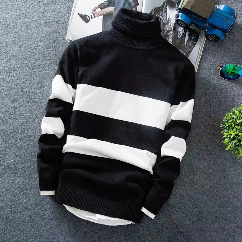 Sweater Rajut Kerah Tinggi Strip Pria High Quality 4 warna