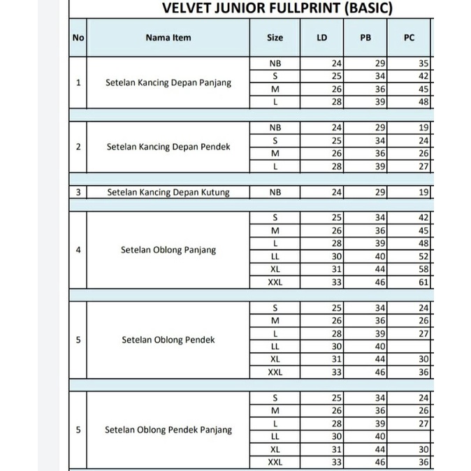 Velvet Junior Setelan Oblong Panjang-Panjang Piyama Anak S M L LB XL XXL Setelan Anak Velvet Junior