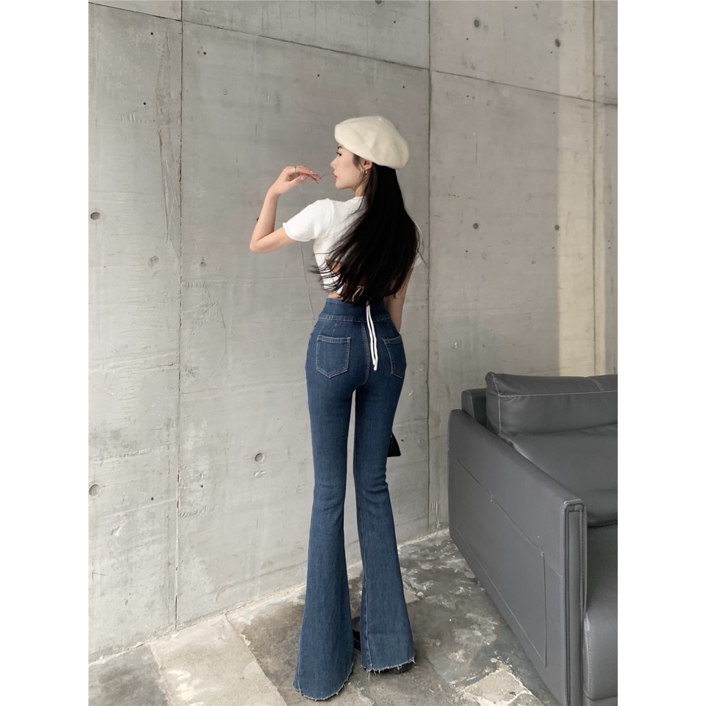 Suhao slit jeans wanita pinggang tinggi celana melebar celana melebar kaki lebar mengepel