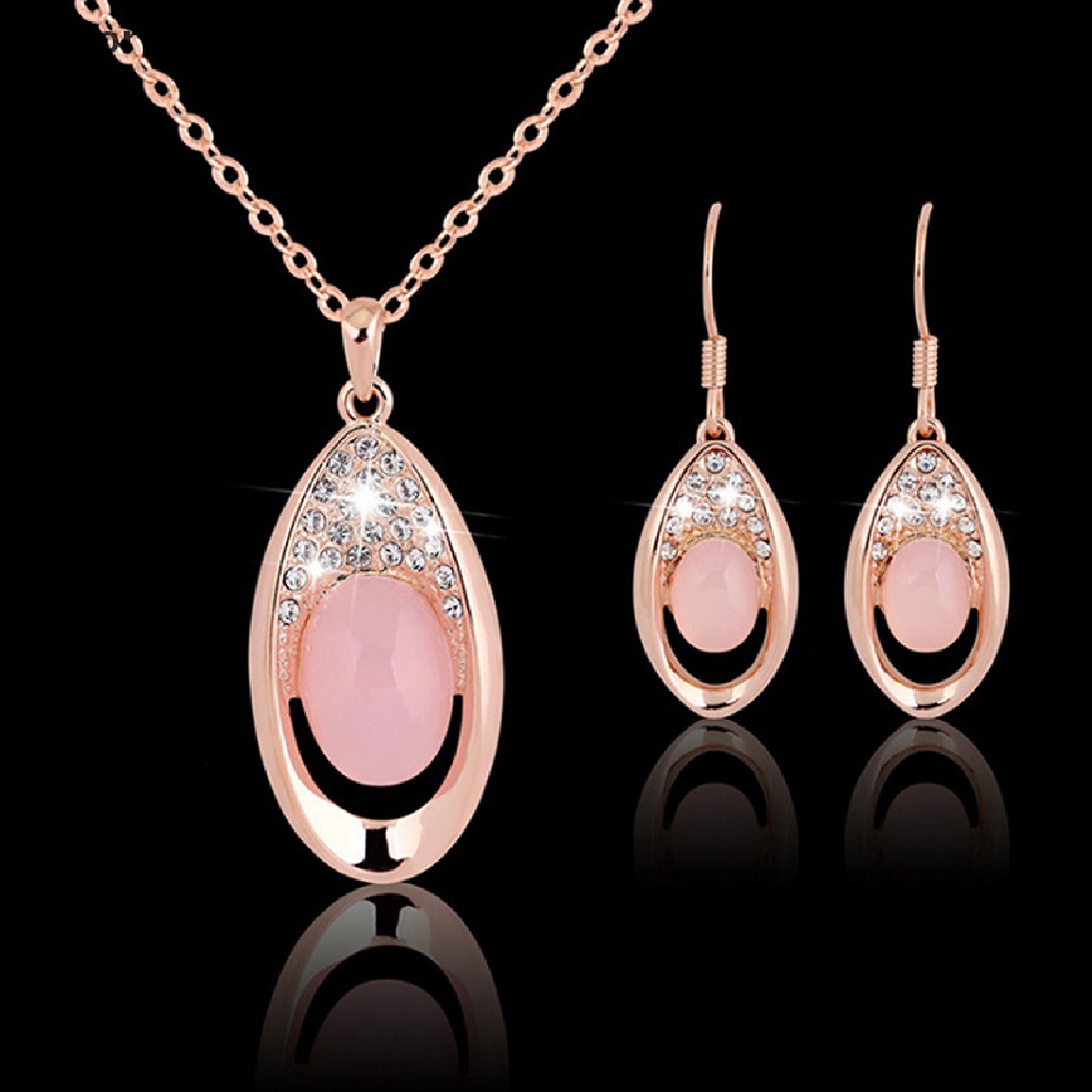 (AdornmentNo1) Set Kalung + Anting Tusuk Rose Gold Hias Batu Opal + Kristal Untuk Wanita