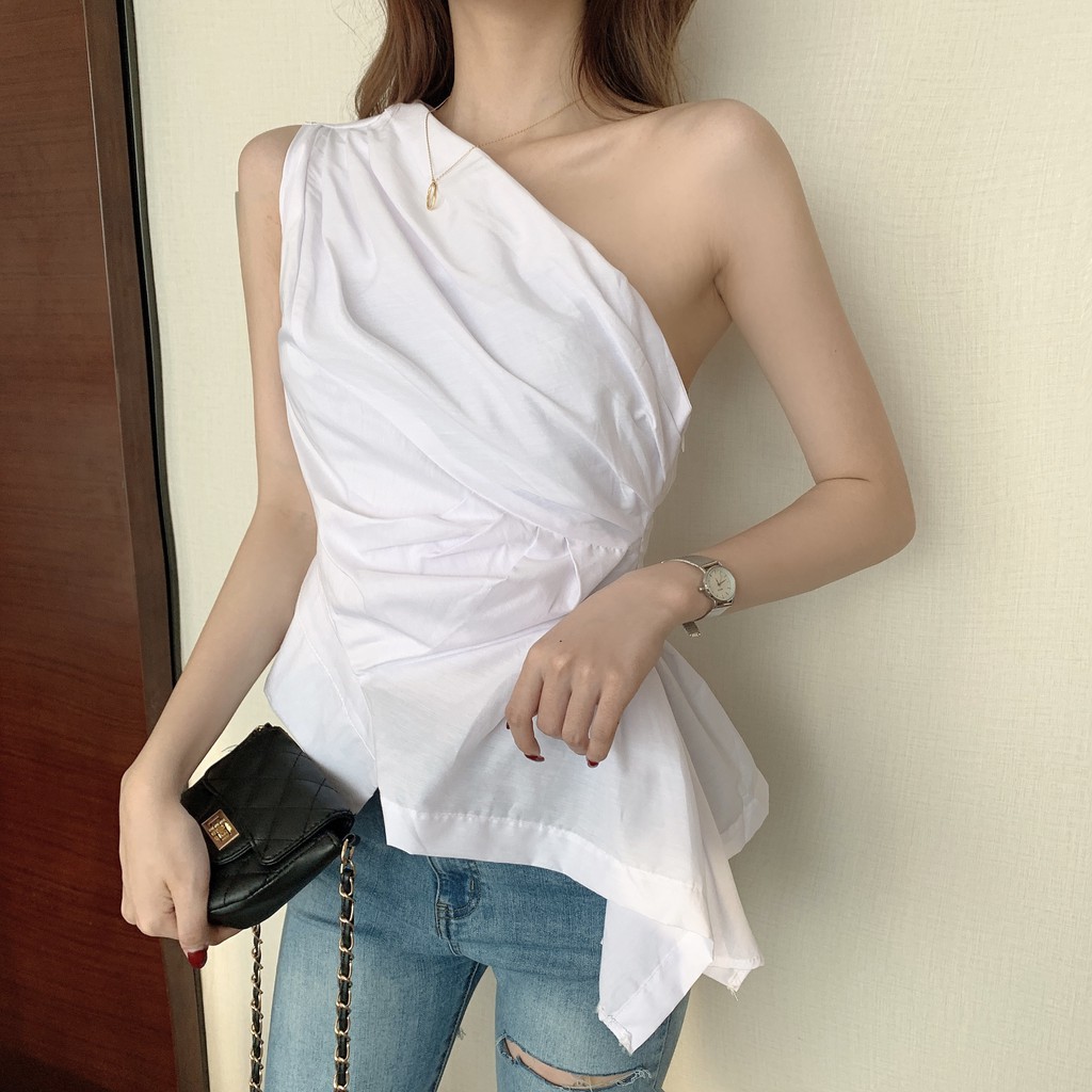 suhao Baru Tidak Teratur Kemeja Putih Licik Desain Off-Shoulder Tanpa Lengan Oblique Bahu Pinggang P