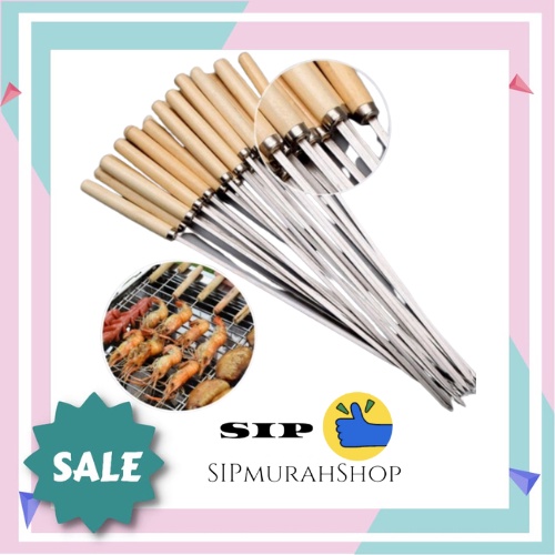 Alat Tusuk Sate BBQ Stainless Steel / Tusukan Sate Kambing Ayam Sosis Bisa Dipakai Ulang / Alat Tusuk Sate Stainless Pemanggang BBQ Besi skewer 35cm tusukan wood