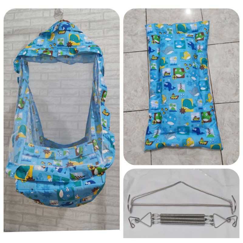 Ayunan 1KG Ayunan Kelambu Set Motif Lengkap Kasur Per Pegas Dan Besi Gantungan Segitiga-Ocean Blue
