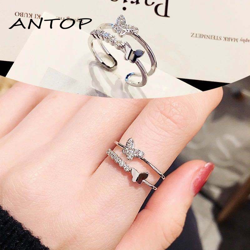 Double Butterfly Diamond Ring Pembukaan Cincin Dapat Disesuaikan Wanita Fashion Perhiasan Aksesoris Hadiah Natal ANTOP