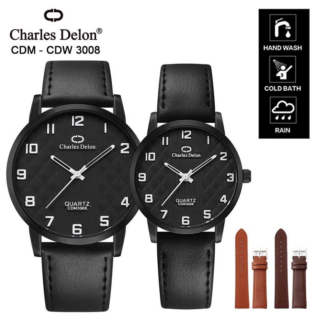 jam tangan couple charles delon3008 hitam tali kulit