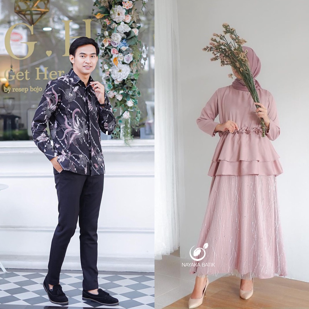 Nayaka Batik - Gamis Couple Ghania Dress Kondangan Baju Couple Pasangan Brukat Kondangan / Dress Brukat Pesta Modern / Dress Bridesmaid Kekinian / Batik Couple Maxi Tulle Tille Mutiara