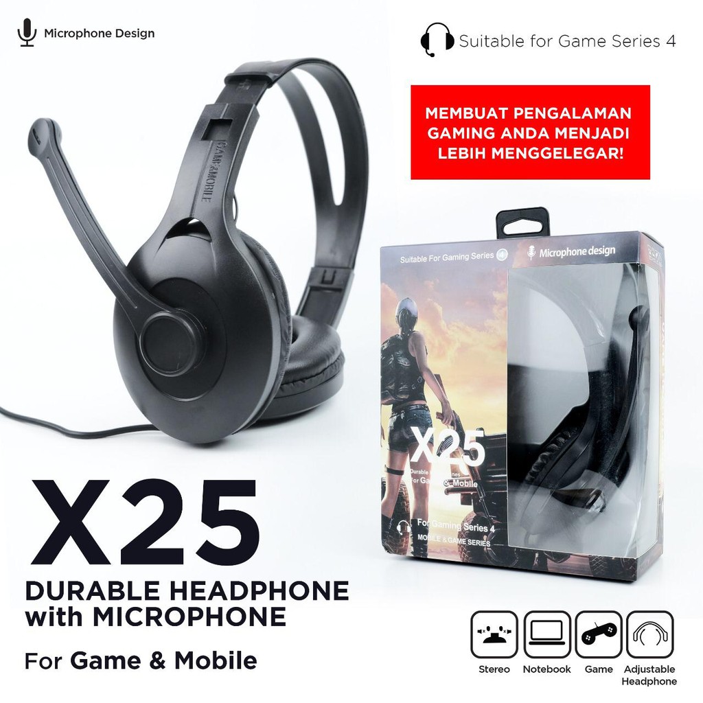 Handset Gaming X25 wired + mic Stereo Bass Hp Computer Laptop earphone Handsfree