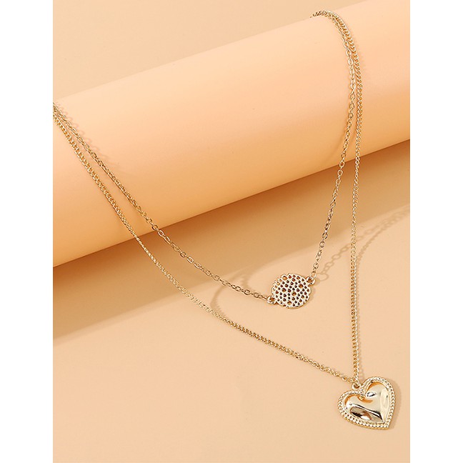 LRC Kalung Fashion Golden Love Round Hollow Alloy Double Necklace Y64435