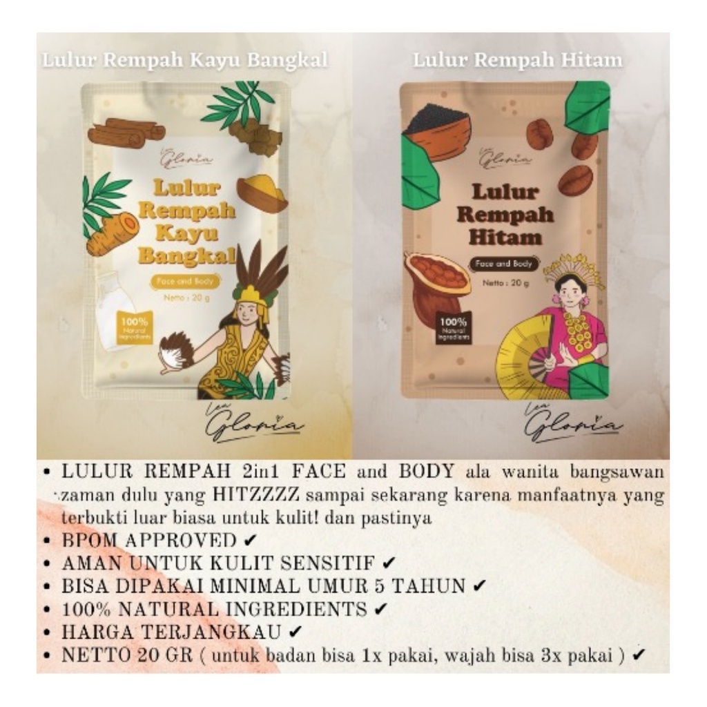 [20 gr] [BPOM] LULUR REMPAH LEA GLORIA 2IN1 FACE BODY 20GR LULUR BADAN REMPAH HITAM KAYU BANGKAL BED