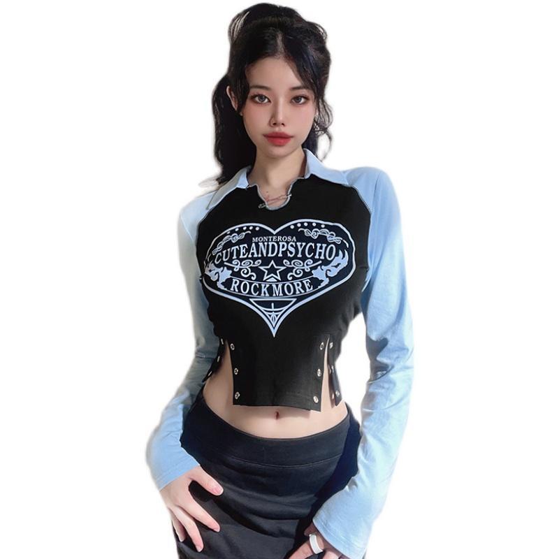 Suhao American Top Metal Pin Dekoratif Vintage Cetak Lengan Panjang T-shirt Wanita Slim Fit Polo Col