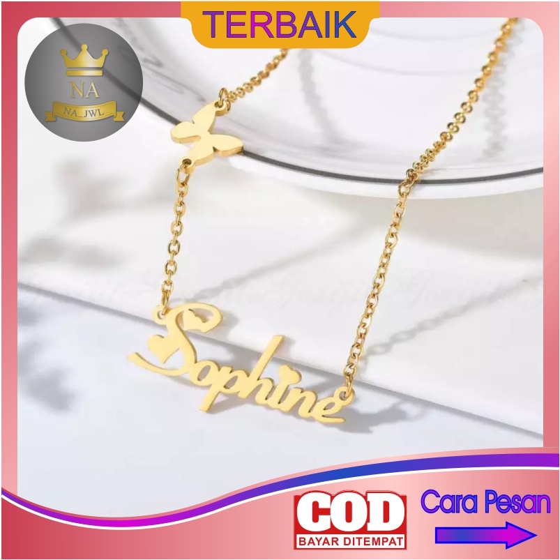 Kalung nama titanium anti karat necklace butterfly aksesoris wanita korea lapis emas custom cewek