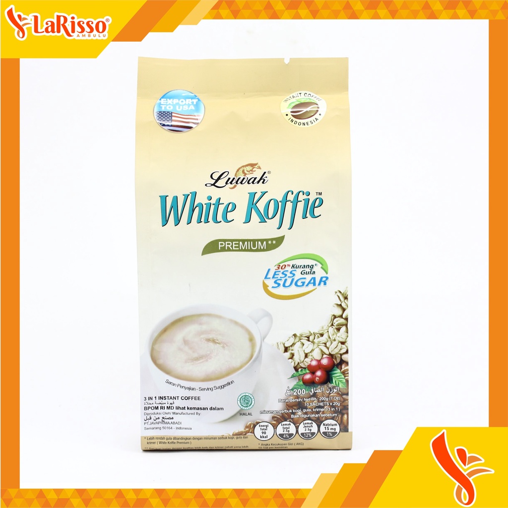 

KOPI LUWAK WHITE KOFFIE PREMIUM LESS SUGAR 200GR (10X20GR) BAG