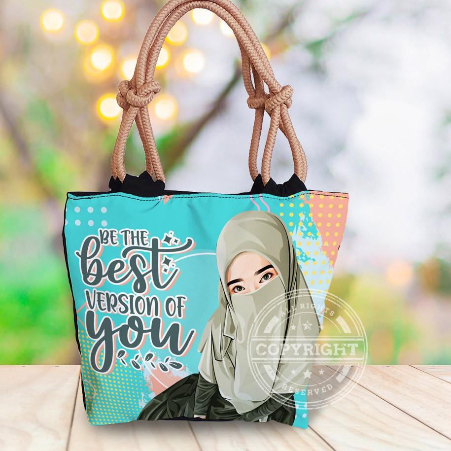 ❪SaR❫ [Cuci gudang] Totebag Tali Sumbu Wanita Muslimah Hijab Karakter Islami Colorful Original /Supe