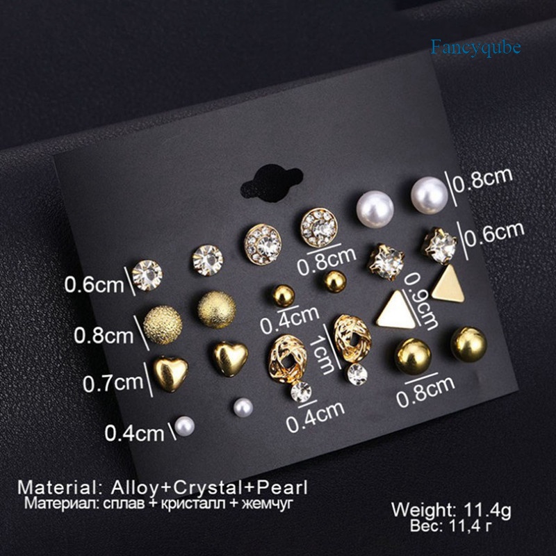 12 Pasang / Set Anting Stud Kristal Bentuk Hati Bunga Aksen Mutiara Untuk Wanita