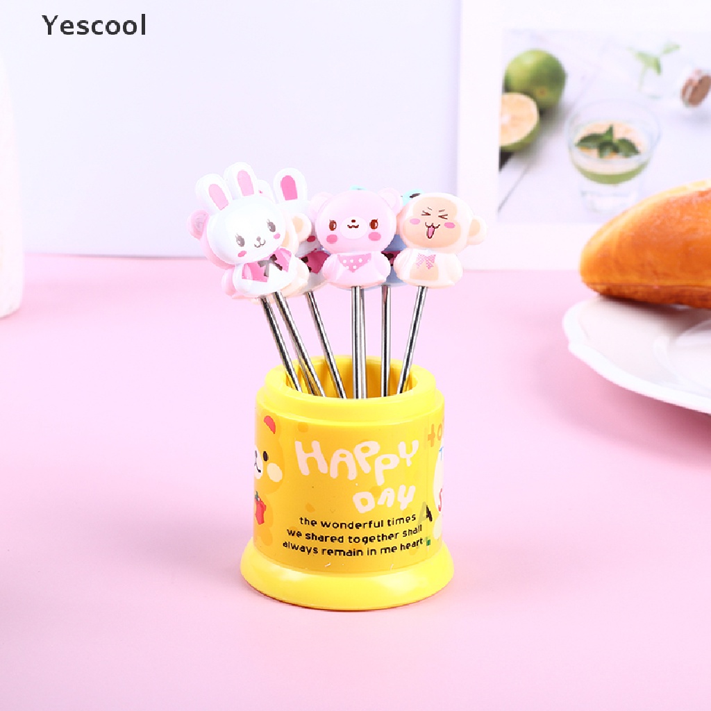 Yescool 1 Set Garpu Buah / Dessert Bahan Stainless Steel Desain Hewan Warna Pelangi Dengan Toples Penyimpanan