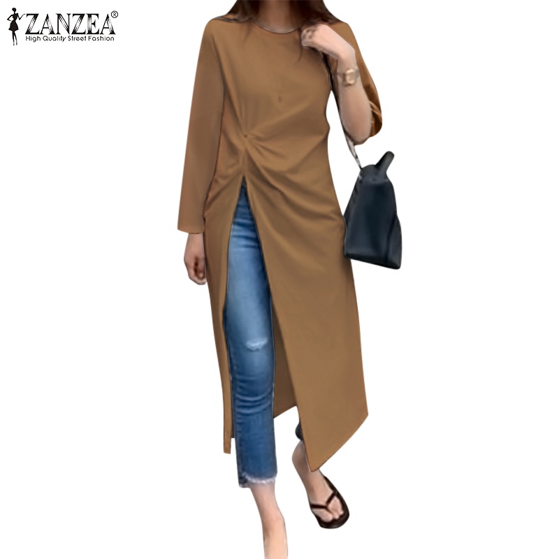 ZANZEA Womens Pleated Side Split Long Sleeve Casual Shirt O-Neck Irregular Long T-Shirt