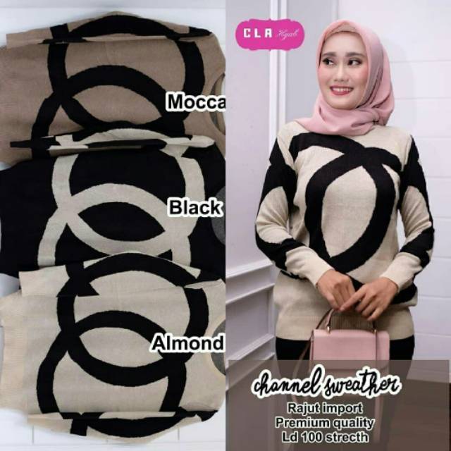 Channel Sweater, SWEATER WANITA RAJUT CANTIK BAHAN RAJUT IMPORT PREMIUM FIT XL-XXL LD 100-120 TERMURAH OOTD TERLARIS