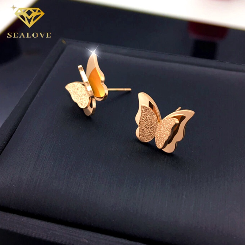 Anting Titanium Wanita Anti Karat dan anti luntur asli Perhiasan Korea earrings Tindik Kupu-kupu Premium