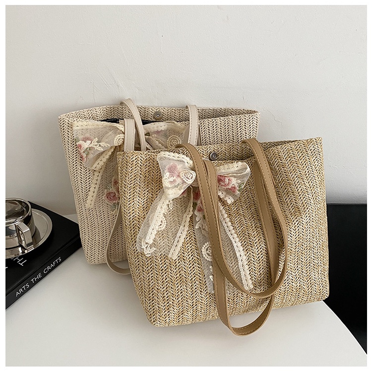 DBCOL Tas Tote Wanita Bahan Anyam Jerami Motif Lace Pita/Totebag Fashion Korea Motif Lace Pita Impor