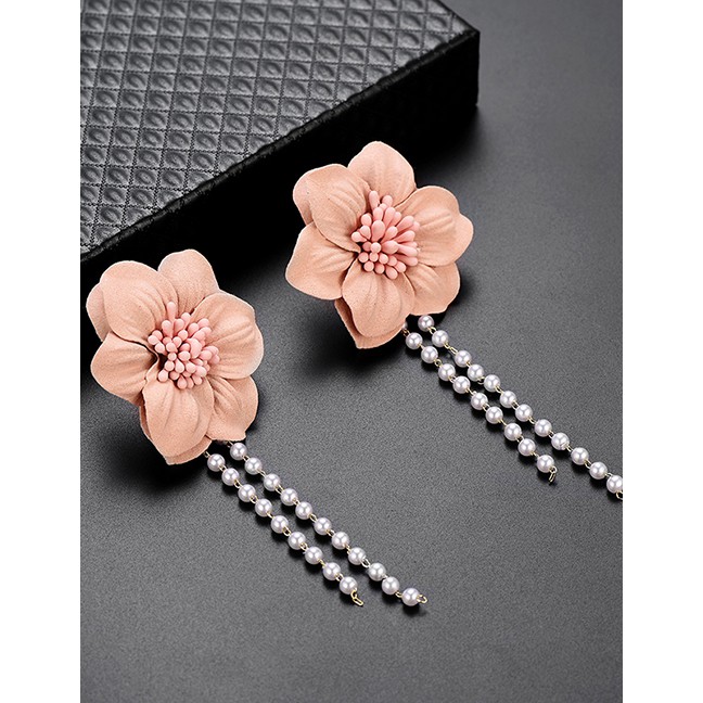 LRC Anting Tusuk Fashion Pink Flower Tassel Earrings D49892