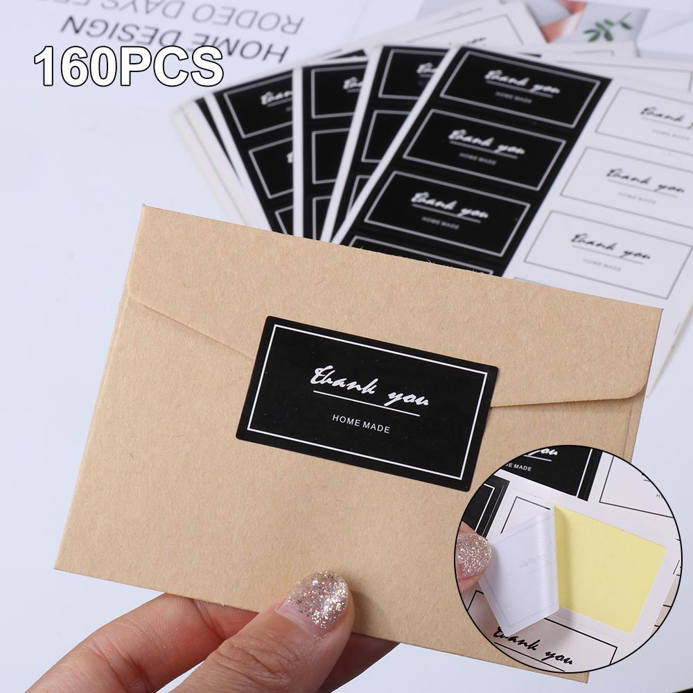 R-flower 160PCS Thank You Seal Stiker Hiasan Kemasan Kado Hitam Dan Putih Sealing Decals