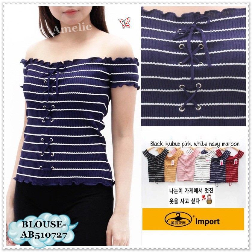 [baju wanita korea]  Baju Atasan Srina Rajut Wanita Blouse Garis Korea Import