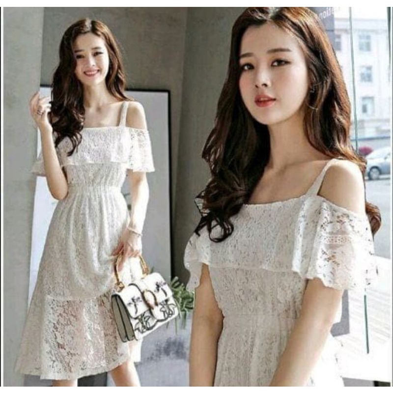 A309 Dress Brukat, Dress Sabrina, Dress Korea, Ruffle Dress, Dress Putih