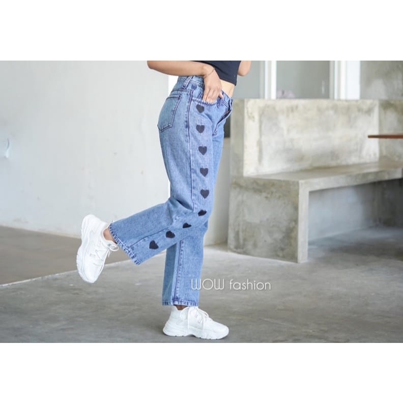 Celana Panjang HW Kulot Jeans Love Boyfriend Jeans Korea Jeans Celana Jeans